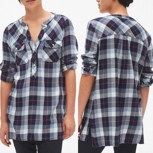 GAP Plaid Henley Tunic Top Navy Blue White Pink Flannel Button Down Shirt Medium